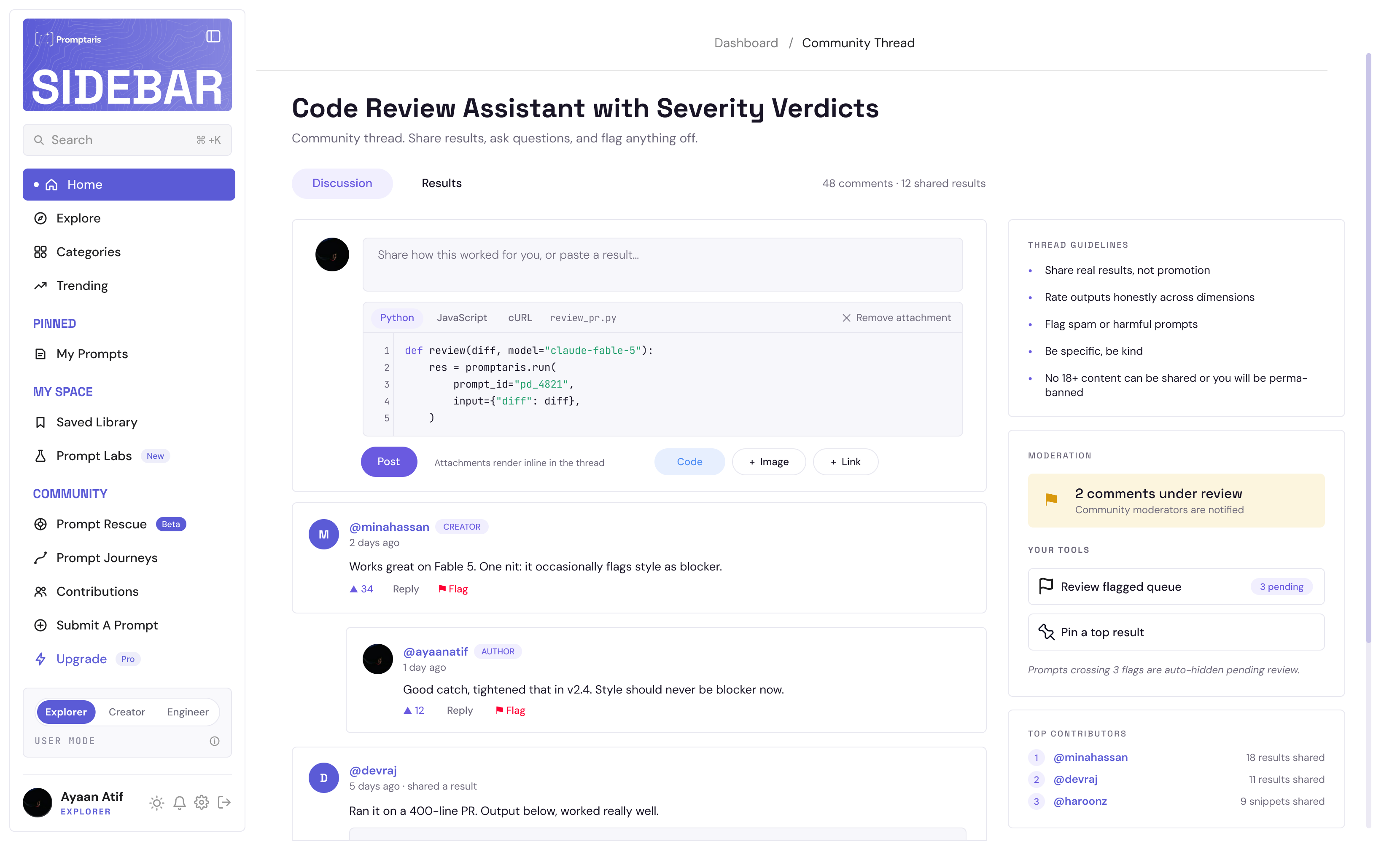 Promptdec community thread: a composer with an attached code sample, rated comments, moderation panel and top contributors.