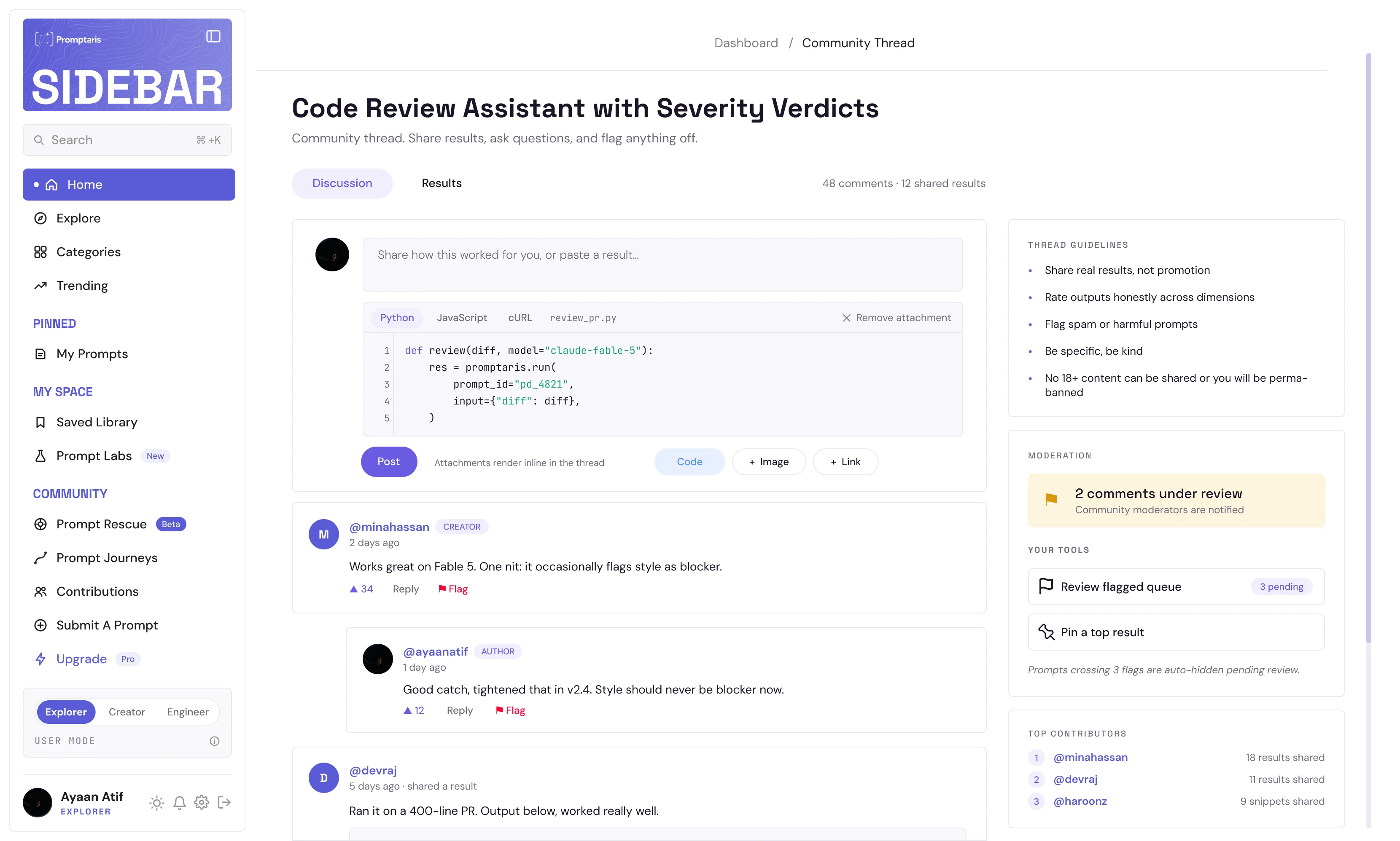 Promptdec community thread: a composer with an attached code sample, rated comments, moderation panel and top contributors.