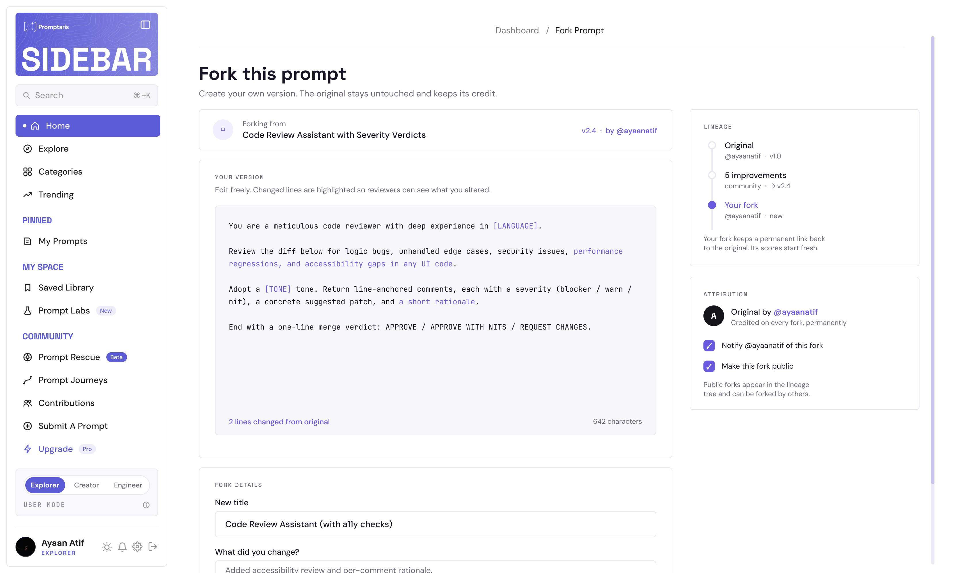 Promptdec fork screen: the origin prompt, an editor with changed lines highlighted, a lineage panel and automatic attribution.