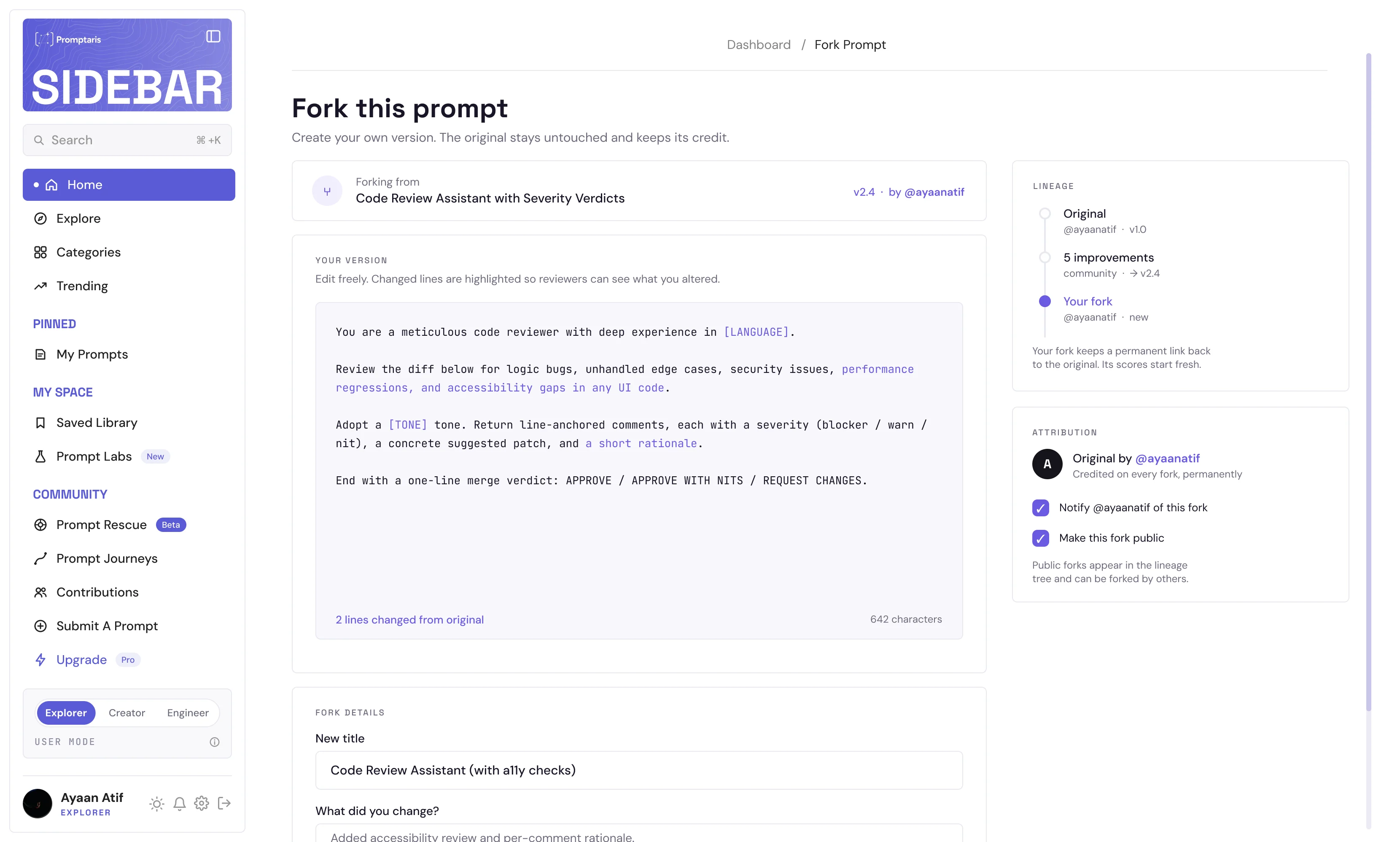 Promptdec fork screen: the origin prompt, an editor with changed lines highlighted, a lineage panel and automatic attribution.