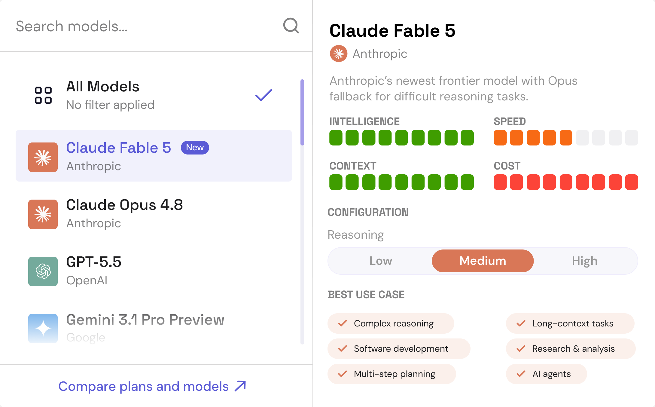 Promptdec model picker: a searchable model list beside a detail panel rating Claude Fable 5 on intelligence, speed, context and cost.