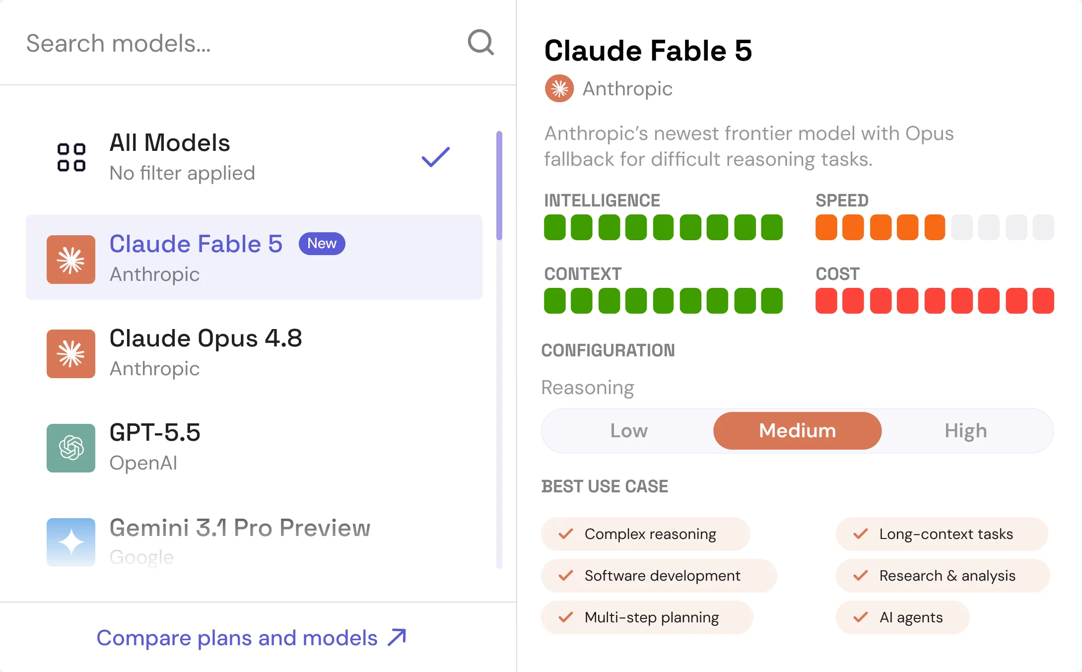 Promptdec model picker: a searchable model list beside a detail panel rating Claude Fable 5 on intelligence, speed, context and cost.