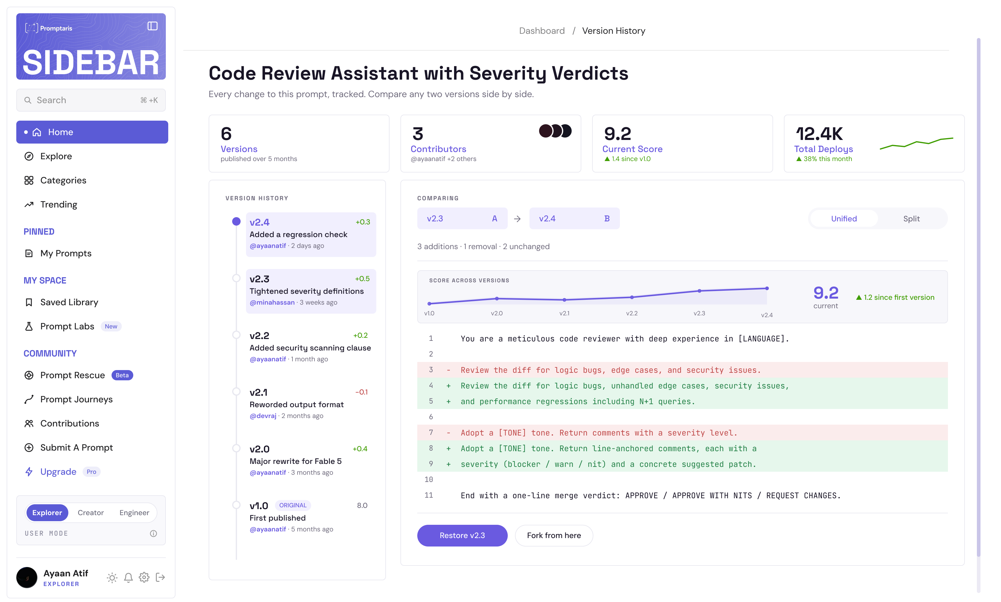 Promptdec version history: six versions, a unified diff between v2.3 and v2.4, and score across versions.