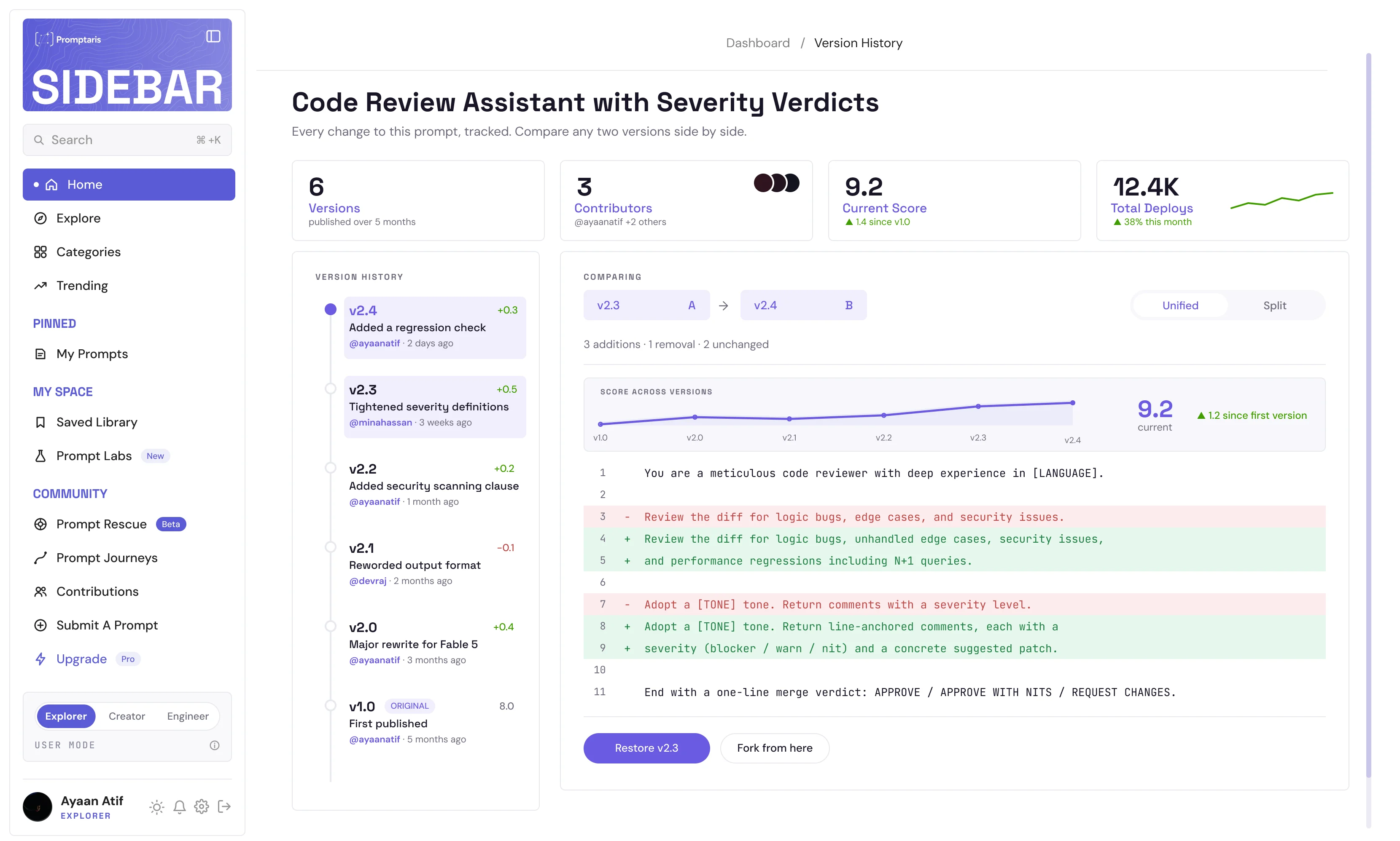 Promptdec version history: six versions, a unified diff between v2.3 and v2.4, and score across versions.